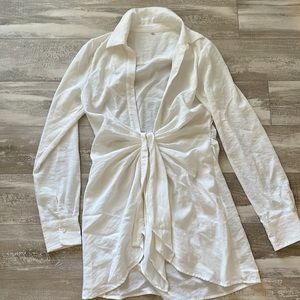 White ruched deep v dress